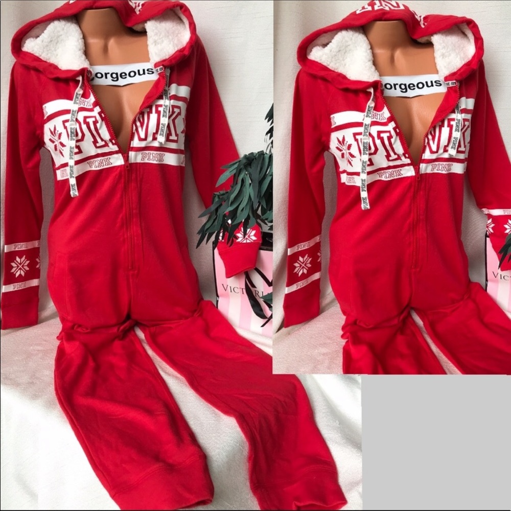 PINK Victoria’s Secret S HOODED SHERPA ONESIE PJ ONE PIECE HOLIDAY